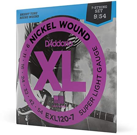 D'Addario Corde Chitarra Elettrica | EXL120-7 | Set Corde per Chitarra Elettrica per Ferita Nichel | 7 Corde | Super Leggero, 09-54 | 1-Paccetto
