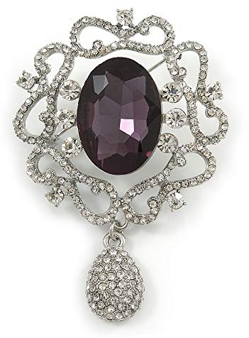 Broche breloque cristal Swarovski et breloque bijou ovale violet (plaqué rhodium) longueur 65mm