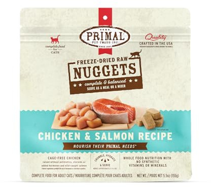 Primal Freeze Dried Raw Cat Food Nuggets Chicken & Salmon, Complete & Balanced Meal or Topper, Premium, Healthy, Grain Free, High Protein Raw Cat Food with Probiotics (5.5 oz)