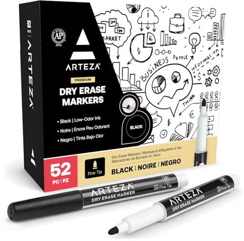 ARTEZA Whiteboard Marker Fine Tip Set of 52 Black Whiteboard Pens Dry Erase Magnetic Board Markers for Home, Office or School