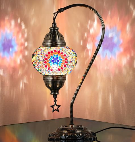 Lámpara turca auténtica DEMMEX, fabricada en Turquía, lámpara de mesa de noche con mosaico turco marroquí, 100% hecha a mano, cuerpo de metal de color latón antiguo y base de metal decorada.