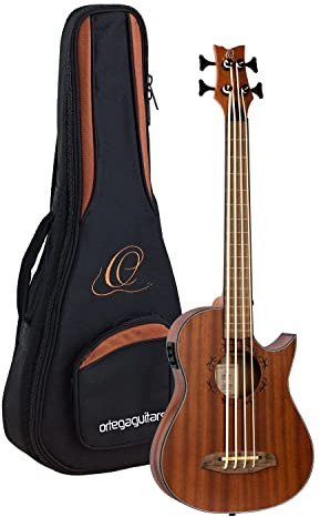 Ortega Guitars Bass Ukulele Elektro-Akustisch – Long Scale, ohne Bundstäbchen – Lizard Series – Inklusive Gig Bag – Massives Mahagoni, Natur (LIZZY-PRO)