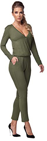 Lemoniade stylischer Jumpsuit Made in EU mit V-Ausschnitt und raffinierten Details, Khaki Langarm, Gr. L (38/40)