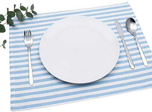 FILU Tischset 4 Stück Hellblau/Weiß gestreift (Farbe und Design wählbar) 33 x 45 cm - hochwertig gefertigte Platzsets aus 100% Baumwolle im skandinavischen Landhaus-Stil