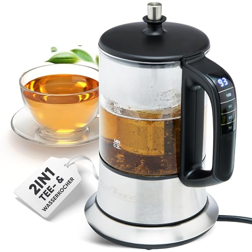 ProfiCook® 2in1 Wasserkocher & Teekocher in Einem | Wasserkocher mit Temperatureinstellung & Temperaturanzeige | Teekanne Glas 0,5L mit Edelstahl-Filter & Warmhaltefunktion | BPA-frei | PC-TK 1165