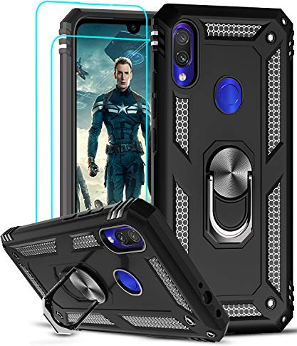 LeYi Cover per Xiaomi Redmi Note 7/7 Pro, Girevole Regolabile Ring Armor Bumper TPU Case Magnetica Supporto Smartphone Silicone Custodie con HD Pellicola Per Cover Xiaomi Redmi Note 7/7 Pro Nero