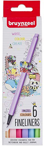 Bruynzeel College Fineliner Pastell Set - 6 Farben - 0,4 mm metallgerahmte Spitze - Tinte auf Wasserbasis - Ideal für Notizen, Zeichnungen, Journaling