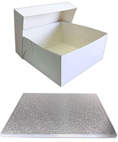 Single White Cake Box and Silver Square Board Pack - Thick Drum for Wedding, Party etc (16 Inches)