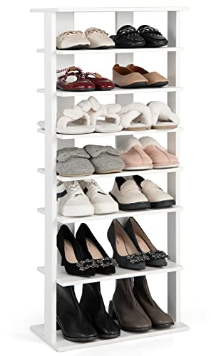 GIANTEX Schuhregal schmal und hoch, Schuhschrank Regal Holz 8 Ebenen, Schuhständer Schuhablage vertikal, Schuh-Organizer platzsparend, Holzregal Standregal Lagerregal Eckregal schmal freistehend weiß