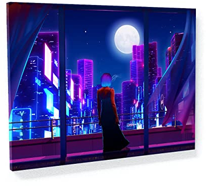 Synthwave View Canvas Art - Girl Balkon City Vaporwave Cyberpunk Heimdekoration Druck Poster Gemälde X-Large 122 x 91,4 cm / 3,8 cm | Sense Leinwand