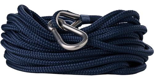 RainierSupplyCo Boat Anchor Rope - Double Braided Marine Rope Anchor Line - 50 ft x 3/8 Inch Nylon Boating Line with 316 Stainless Steel and Heavy Duty Marine Grade Bow Shackle - Navy Blue