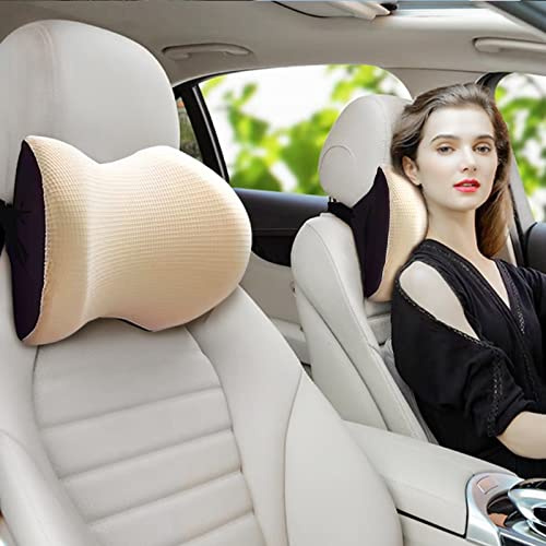 Super bequemes Auto-Kopfstützenkissen, Autokissen zur Linderung von Nackenschmerzen mit verstellbarem Riemen, ergonomisches Design – Weichheit Reise-Auto-Nackenkissen (beige, 1P)