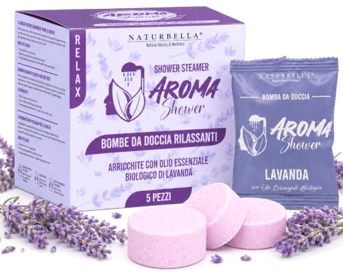 Naturbella 5 Bombe da Doccia Rilassanti Aroma Shower Relax Lavanda, con Olio Essenziale Biologico di Lavanda, Shower Bomb Aromaterapia Rilassante, per Doccia Aromaterapica Made in Italy