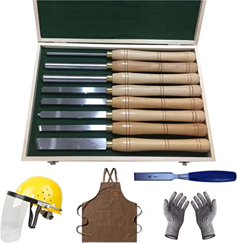 OITTo Lathe Chisel Set 8 Piece Set Lathe Chisel HSS Steel Blades Wood Turning Tools ​for Wood Carving Root Carving Lathes, Including Protective Helmets, Aprons, Gloves