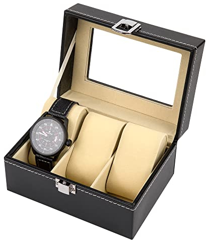 MengH-SHOP Uhrenaufbewahrungsbox PU Leder Uhrbox Aufbewahrungsbox 3 Fächern Uhrenkasten mit Glasdeckel zur Aufbewahrung und Präsentation