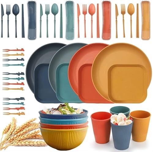 Juego de vajilla irrompible de 48 piezas, platos y cuencos de plástico con tazas, cubiertos, ligeros y reutilizables, para fiesta, picnic, camping, cena, juegos de polipropileno para cocina, fiesta al