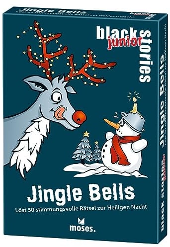 moses. Black Stories junior Jingle Bells - 50 stimmungsvolle Weihnachtsrätsel, weihnachtliches Rätsel Kartenspiel mit Spielvariante und Punktechips, Rätselspiel für Kinder ab 8 Jahren