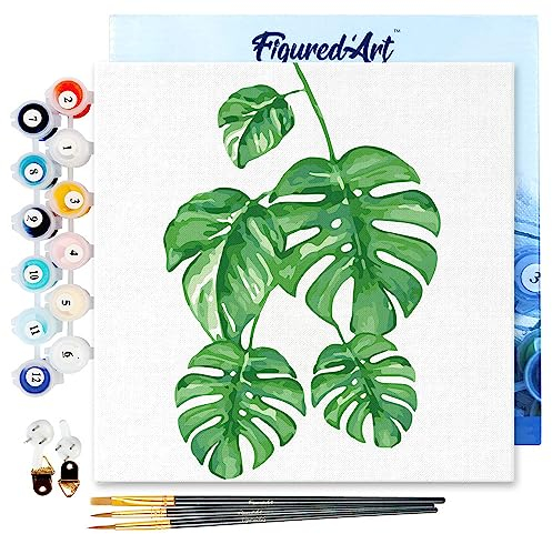 Figured'Art Mini Peinture par Numéro Adulte 20x20cm avec cadre Feuilles - Petit Format Kit de Loisir Créatif DIY Numéro d'Art Complet