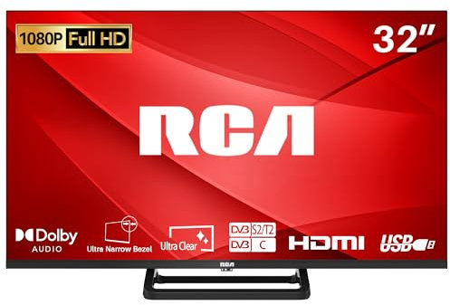 RCA 32 Inch FHD TV, Bezeless Design Freeview Dolby Digital Audio Full HD Television, DVB T2/S2 1080P LED Backlighting Display, HDMI USB RF CI Monitor PS5 Xbox, Small Screen Bedroom Kitchen