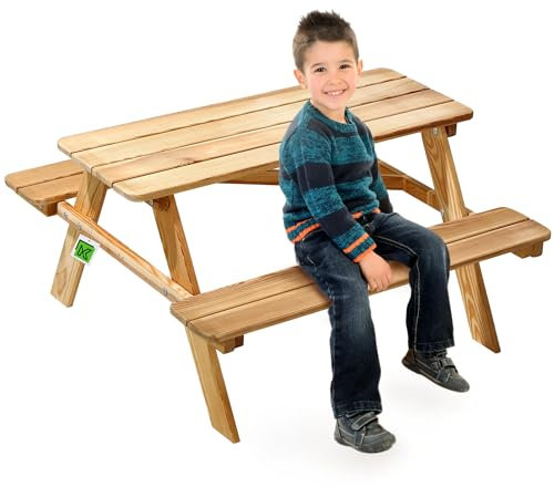 KADAX Kinder-Picknicktisch mit Bänken, Kindermöbel für Picknick, Kindertisch aus Holz, Picknick-Set für Garten, Kindersitzgarnitur aus Holz, Kindersitzgruppe (Natural)