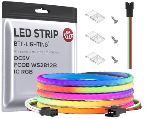 BTF-LIGHTING FCOB COB XGB1338(WS2812B) IC RGB 160LED/m 320IC LED-Streifen, DC 5 V, individuell adressierbar, flexibel, hohe Dichte, einheitliche Farbe, 5 mm Breite (kein Adapter oder Controller)