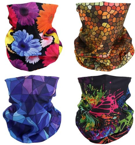 SMEHCF 4 Bandanas Polyvalents pour Femmes Hommes Bandeau Cagoule Cheveux Foulard Visage Demi Masque Cache-Cou Respirant Réutilisable Lavable Violet Jaune Papillon Marguerite Ruche