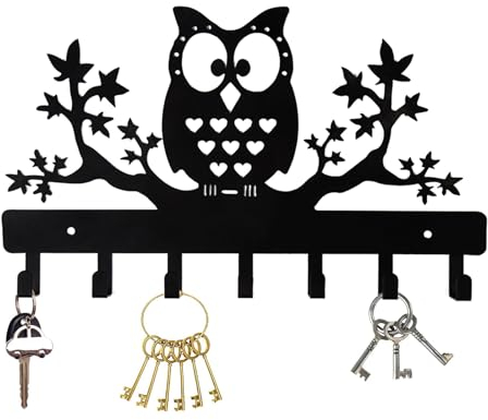 Greyoe Schlüsselbrett, Schlüsselboard, Schlusselbretthaken, Wand-Schlüsselhalter mit Haken, Schmiedeeisen, Schlüsselanhänger, Schlüsselhaken, Metallkunst-Ornament Schwarz (Eule)