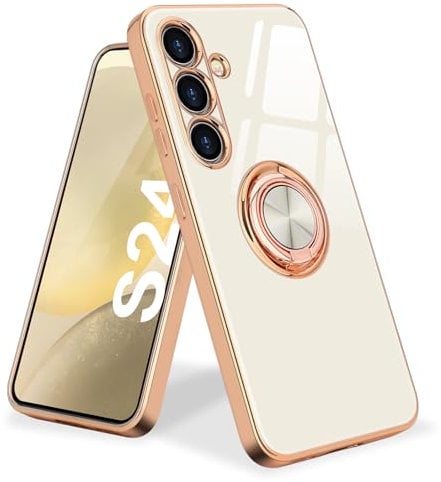 Urarssa Kompatibel mit Samsung Galaxy S24 Hülle, Galvanik Glänzend Handyhülle Weiche Mode Case mit 360 Grad Ring Ständer Schutzhülle, Stoßfest Samsung S24 5G Hülle, Weiß