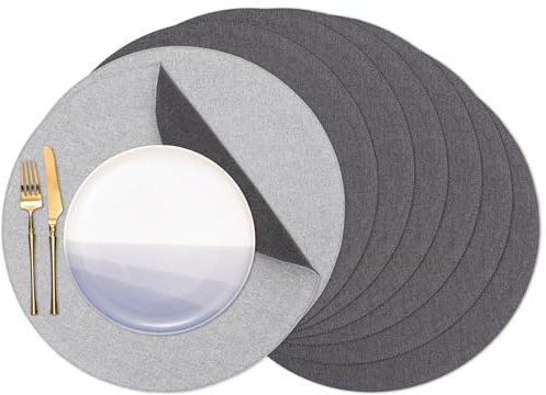 Banchif Tischsets, Durchmesser 38cm Leinenimitat Platzsets Abwaschbar rutschfeste Tischsets Platzsets Doppelseitigen Platzdecken (HellGrau-Grau, Rund Satz von 8)