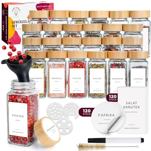 Happy Lemuro Premium Gewürzdosen Set [24 x 120 ml] Gewürzgläser mit Etiketten in Weiß | Gewürzbehälter mit Deckeln aus Bambus. Gewürzgläser Eckig 24er Set, Spice Jars