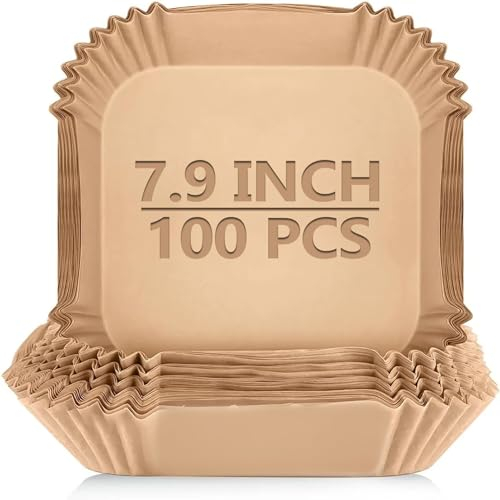 Air Fryer Liners Non-Stick Airfryer Liners Parchment Paper Disposable Oil & Water Proof Round Air Fryer Accessories for Baking, Roasting & Cooking (7.9inch Square-100 Pcs.)