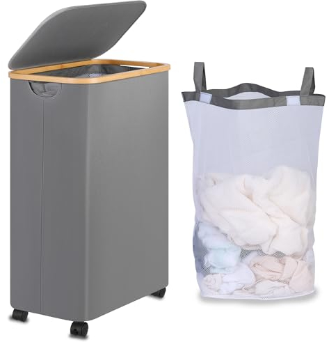 iEGrow 110L laundry Basket with Lid, Large Washing Basket with with Wheels and Bamboo Handle, Laundry Hamper with Removable and Washable Inner Bag for Laundry Room Bedroom Bathroom (Grey)