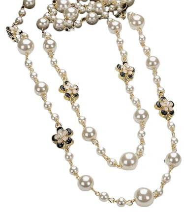 Collana lunga con ciondolo a forma di fiore di perle per donne e ragazze retrò delicata collana di perle finte a strati smalto nero ciliegio camelia fiore catena maglione catena vita catena pancia