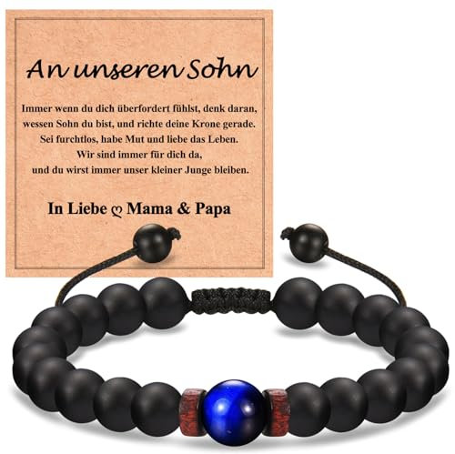 WOVEE Perlenarmband Herren 8mm Obsidian 9mm Blauer Tigerauge Stein Armband Natursteinen Kugelarmband Verstellbar Geburtstagsgeschenk Schmuck Geschenke für Sohn von Papa Vater und Mama Mutter