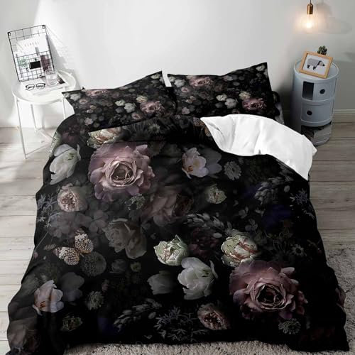 LUVIVIHOME 3PCS Black Floral Duvet Cover King Bedding Set, Gothic Bedding, Dark Moody Victorian Aesthetic Retro Garden Blossom Botanical Vintage Peony Rose Flower Comforter Quilt Cover, 2 Pillow Cases