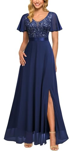 MIUSOL Women's Elegant Double V-Neck Sequin Embroidered Prom Bridesmaids Party Gown Formal Maxi Dress (X-Large, Navy Blue)