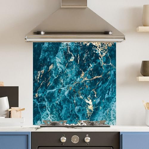 Toughened 6mm Glass Kitchen Splashback 60 x 60cm Dark Blue Gold Marble Polished Heat Resistant Back Splash for Cookers Hob