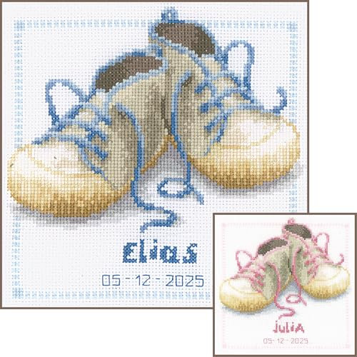 VERVACO Point De Croix Compté Kit DIY Cadeau Bebe Naissance Personnalisé CHAUSSURES À LACETS ROSE/BLEU Tableau Complet Kit De Broderie Loisir Créatif Maison Décoration ca. 19 x 19 cm Cross Stitch
