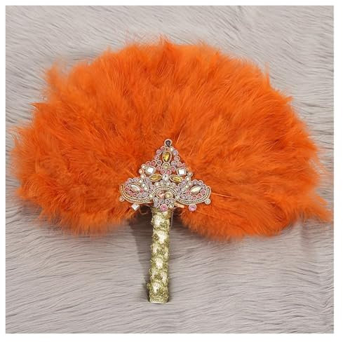 WENH Western Wedding Bride Holding Fan Big Round Feather Fan Stage Performance Dance Fan Photography Prop Wedding Supplies(Orange-2)