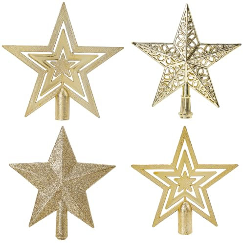 CREATCABIN 4 Stück 4 Stile Stern Weihnachtsbaumspitze Aus Kunststoff 3D Stern Ornamente Dekorationen Hohl Mit Goldenem Schneeflockenprojektor Für Weihnachtsbaum Party Dekoration Display 13.5x17cm