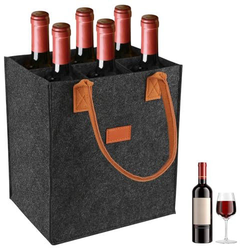 Wine Bag 6 Compartments, Wine Carrier, Portable Wine Bottle Bag, Felt Wine Tote with Protectable Handles, Reusable Darkgray Bottle Bags for Wine for Transporting Red Wine, Champagne, Water Bottles