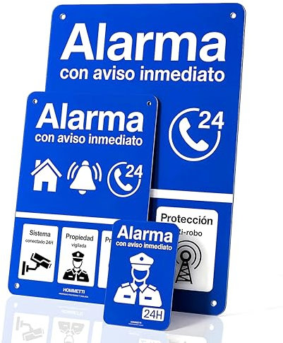 HOMMETTI Pack 3 Carteles Alarma – A4, A5 y Pegatina Alarma 7x10 cm | Cartel Videovigilancia con Adhesivo | Placas Disuasorias en Policarbonato 1mm | Resistente UV y Agua | Sin Taladro | Hogar, Negocio