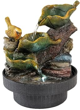 Small indoor outdoor robin water fountain - garden water feature - robin on cascading leaf - cool white LED - mains powered small decorative tabletop fountain - 18cm x 23cm