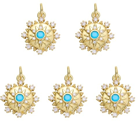 COGCHARGER 5 Stück Sonnen Schmuck Anhänger für Armbänder Echt 18K Vergoldet Gold Charms Messing Gesicht Blauem Zirkonia Kristall Anhänger Für Die Schmuckherstellung Ohrringe Armbänder Halsketten