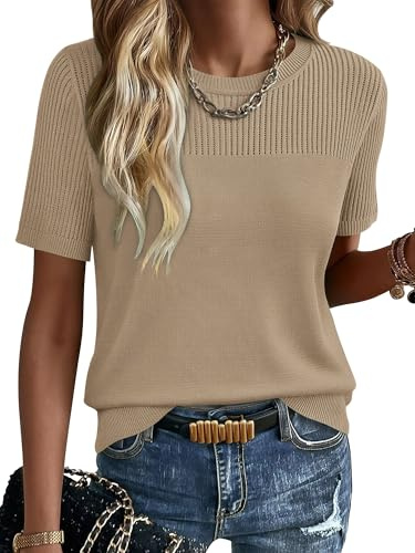 KISSMODA Womens Summer Knitted Tops Crewneck Short Sleeve Pullover Jumper | Lightweight Hollow Out Ribbed Knitted Sweater, Casual Solid Colour Knitwear, Basic Trendy Outfit for Summer Fall