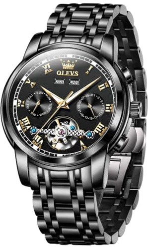 OLEVS Uhr Herren Automatik, Automatik Uhr Herren mit Mondphasenanzeige & Offenem Herzwerk, wasserdichte Herrenuhr Automatik Edelstahl, Uhren Herren für Alltag & Feierlichkeiten