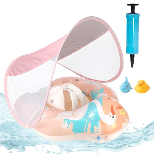 XIMEY Salvagente Neonato con Parasole, Baby Float Gonfiabile per Neonati 3-72 Mesi, Galleggiante Piscina con Cinture di Sicurezza & Camere d’Aria, Protezione UV per Mare e Piscina (M, L)