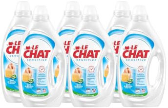 Le Chat, Lessive liquide, Sensitive, Savon de Marseille & Aloe Vera, respecte les peaux sensibles, sans conservateurs, Parfum Hypoallergenique, Teste dermatologiquement, 6x24 lavages