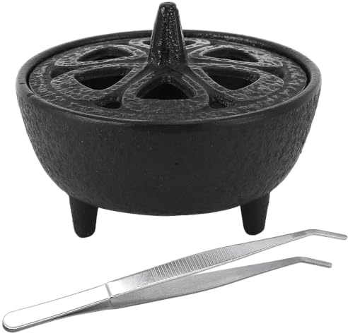 Porta Incenso con Pinzette, Bruciatore in Ghisa, Brucia Incenso per Bastoncini, Porta Incensi con Coperchio a Fiore di Loto, Incense Holder con Coperchio per Decorazione Casa e Meditazione