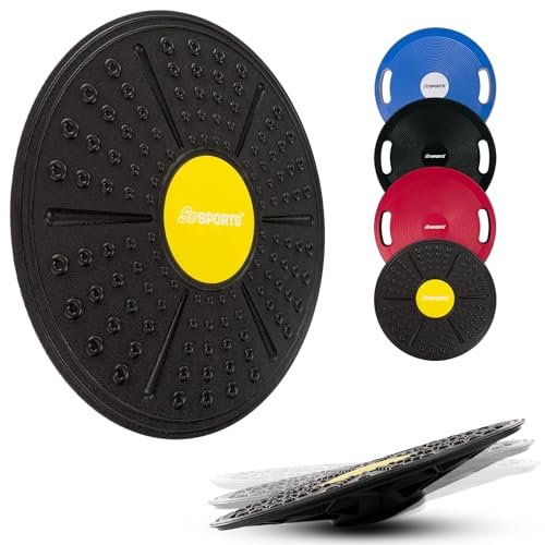 ScSPORTS® Balance Board - Rund, 40/35 cm Durchmesser, mit Griffen, für Fitness, Physiotherapie, Training, Farbwahl - Wackelbrett, Balancebrett, Therapiekreisel, Gleichgewichtstrainer (Schwarz-Gelb)